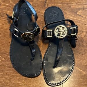 Tory Burch Black Leather Sandals with Gold Accents